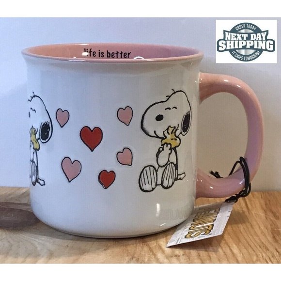 Peanuts Snoopy Coffee Cup Mug Valentine Hearts Life is Better... Great Gift 🎁 - Picture 1 of 8